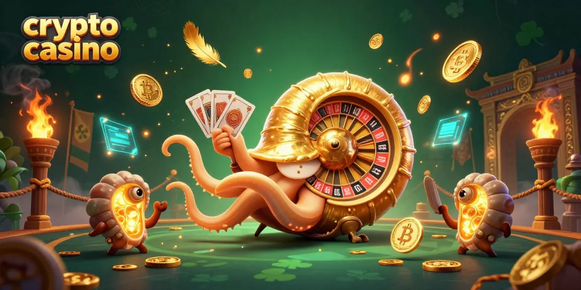 Rendez-vous au crypto casino avec une illustration dynamique d'un nautilus géant et des éléments 3D captivants.