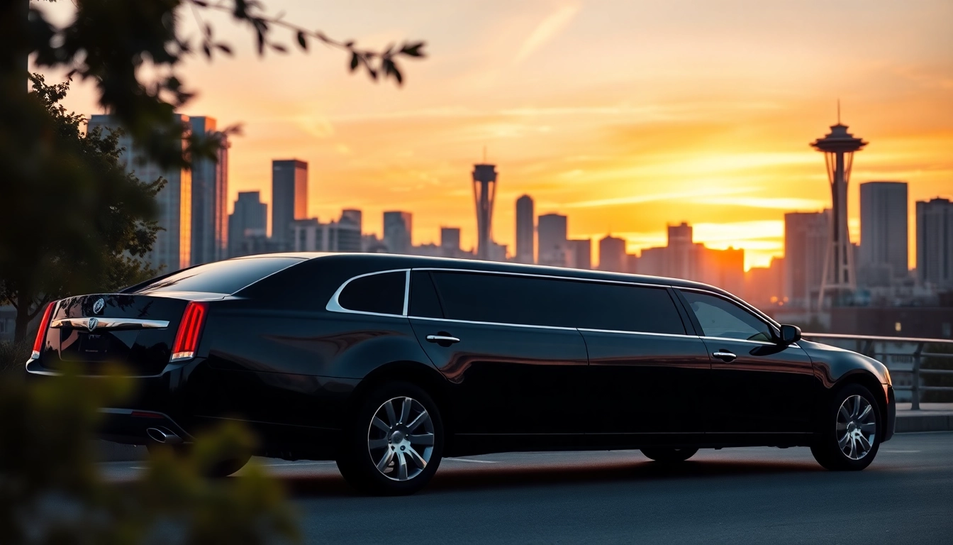 Limo service vancouver to seattle with a luxurious limousine against the Seattle skyline.