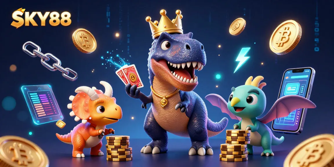 Engage with SKY88 gaming strategies featuring a T-Rex shuffling cards amidst colorful digital casino elements.