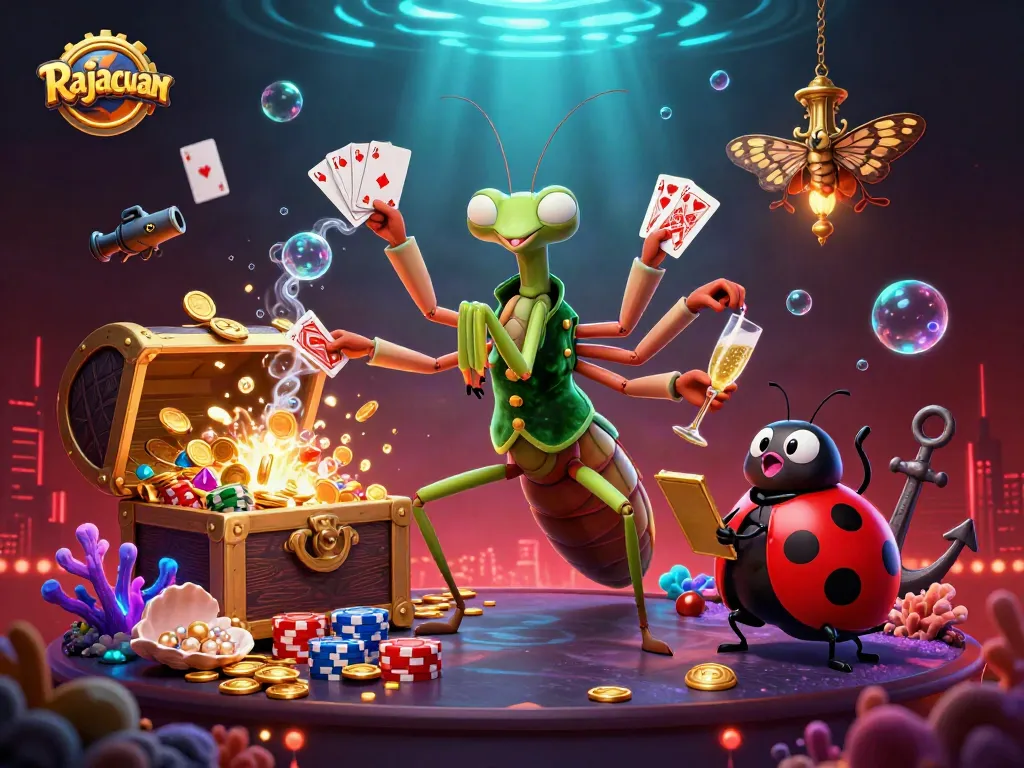 Rajacuan unveils an action-packed scene with a giant praying mantis card sharp and vibrant gambling elements.