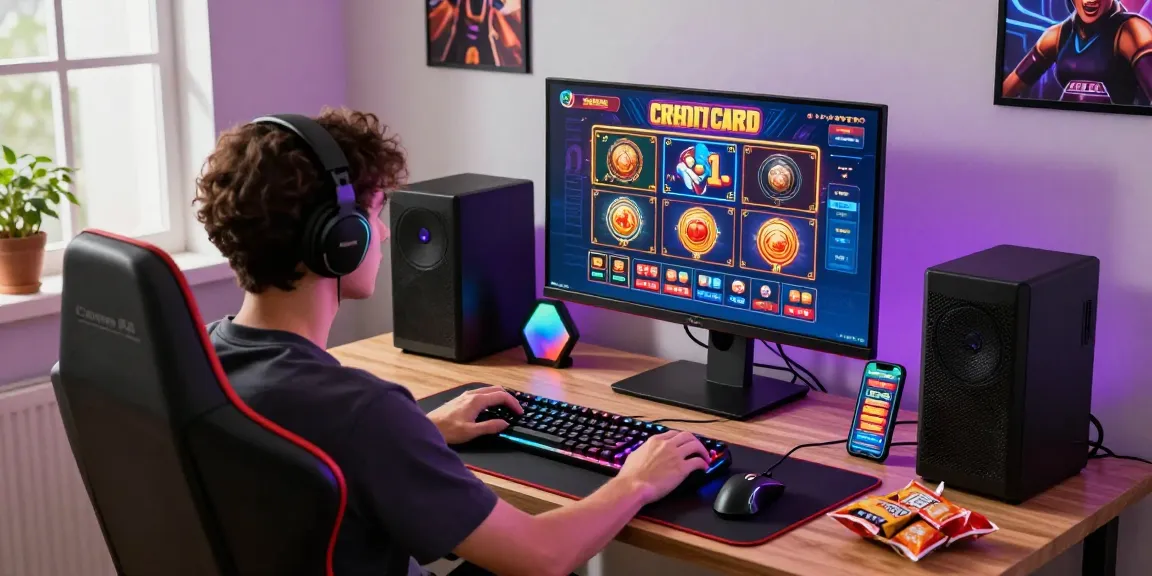 Exciting scene of credit card casinos UK with a player immersed in online gaming experience, showing vibrant game interface and modern gaming setup.