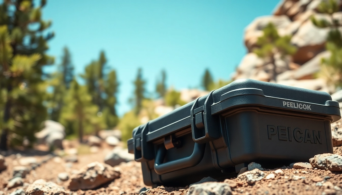 Showcasing a Pelican gun case for sale in a rugged outdoor setting with durable features.