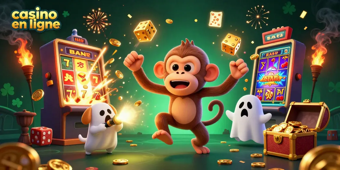 Illustration dynamique d'un casino en ligne avec un singe fantôme jonglant, animant l'univers des jeux d'argent.