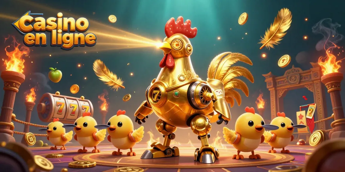 Explorez l'univers du casino en ligne avec un robot coq doré et des drones jouant ensemble.