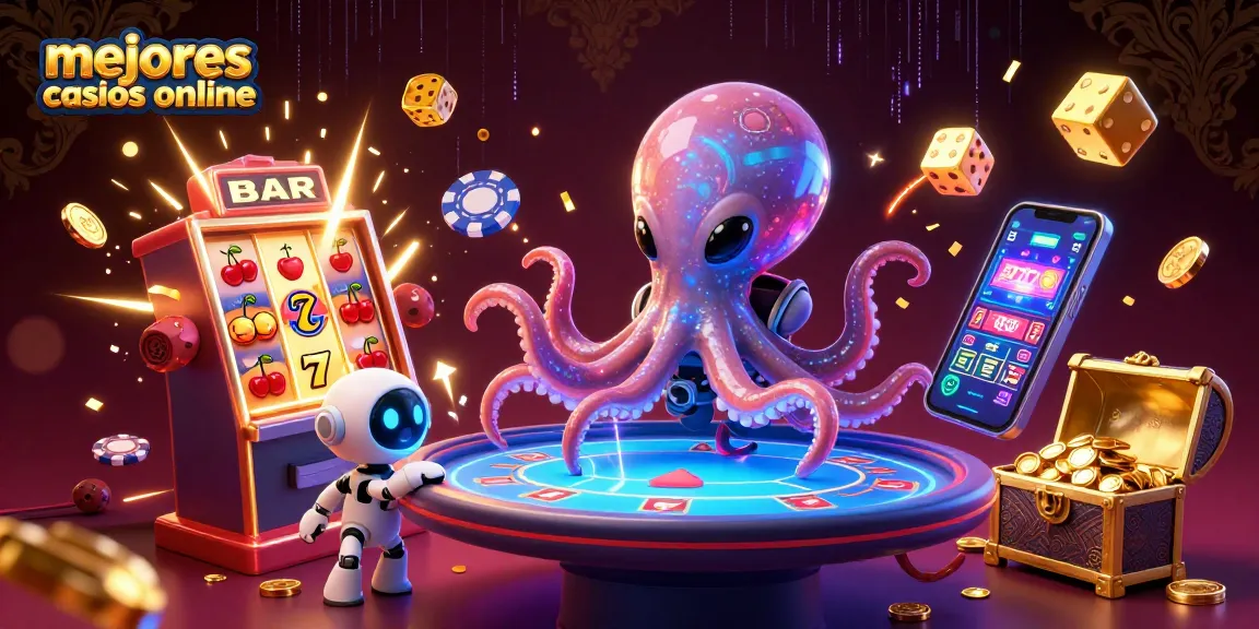Juega en los mejores casinos online con una escena vibrante de un pulpo alienígena y una máquina de tragamonedas
