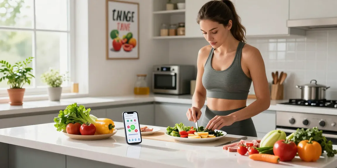 The best calorie tracker displayed on a smartphone surrounded by healthy meal prep ingredients in a bright kitchen.