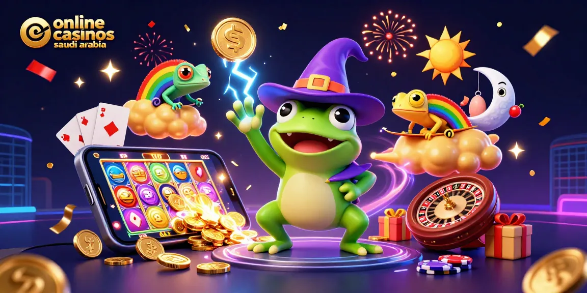 Win big at online casinos Saudi Arabia with a vibrant 3D illustration of a wizard frog and chameleon!