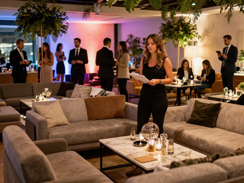 Event furniture rental setup with stylish lounge furniture and elegant decor for a sophisticated gathering.