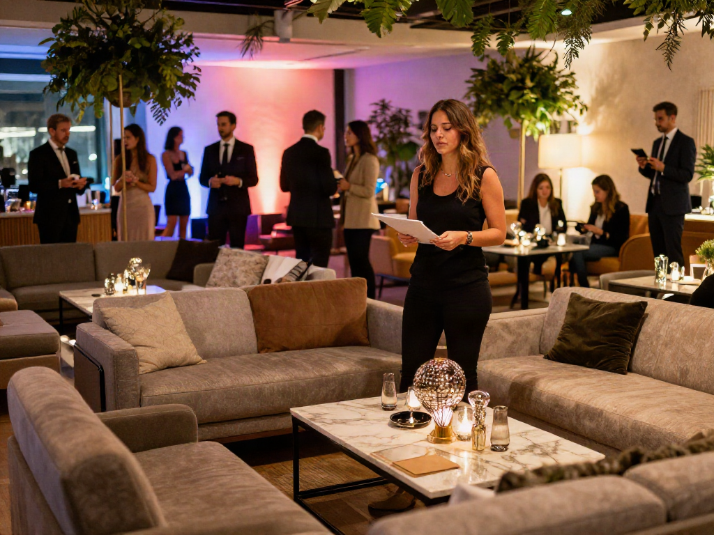 Event furniture rental setup with stylish lounge furniture and elegant decor for a sophisticated gathering.