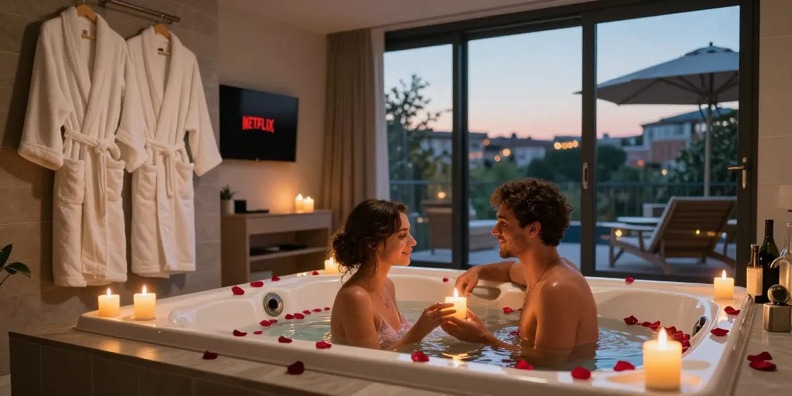 week end romantique toulouse in a cozy love room featuring a jacuzzi spa, perfect for an intimate getaway.