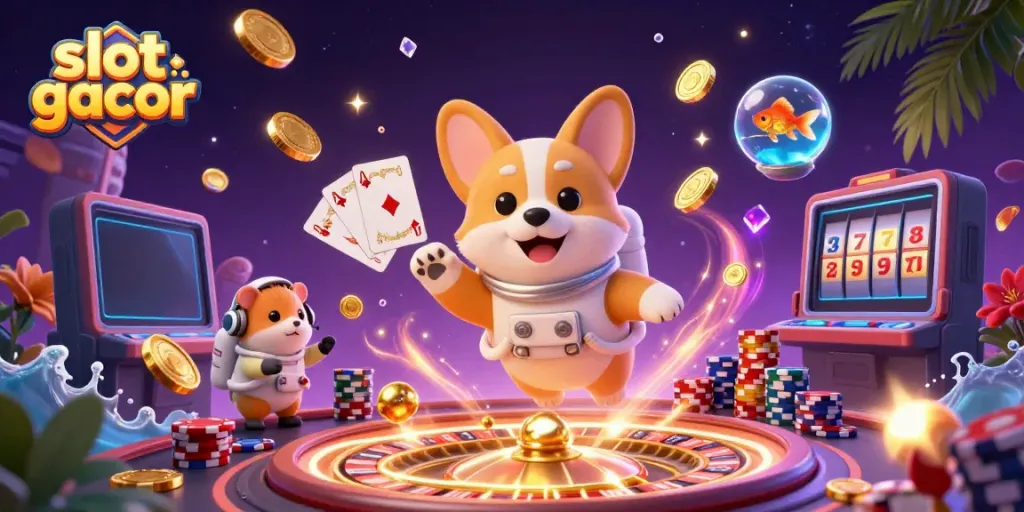 Experience the excitement of slot gacor with vibrant casino elements and captivating characters in zero gravity.