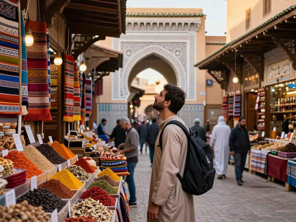 Engaging traveler exploring Medina's vibrant market, showcasing experiences with a top Morocco tour company.