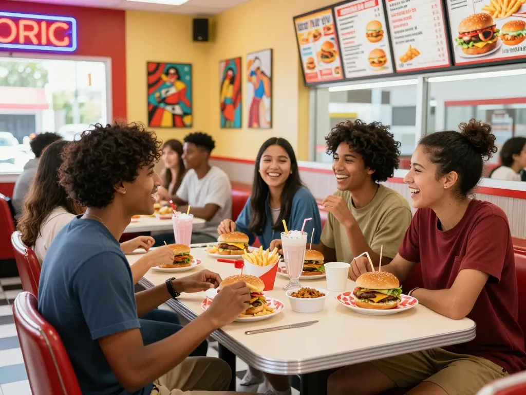 Enjoy a lively fast food menu experience with friends at a colorful diner.