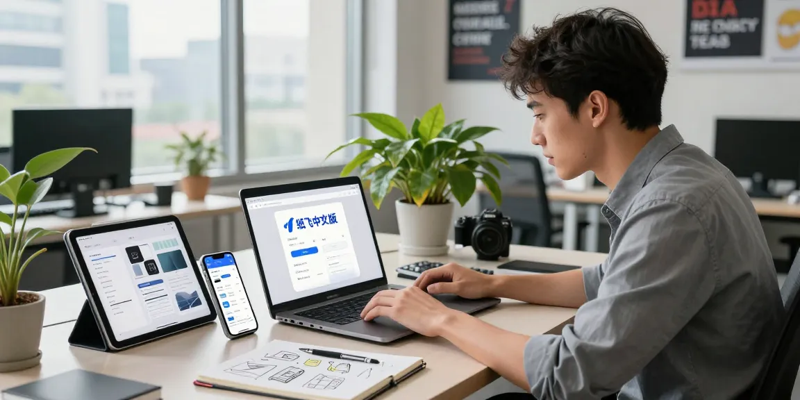 Professional using 纸飞机中文版 app on a laptop in a modern office workspace, showcasing innovative tech solutions.
