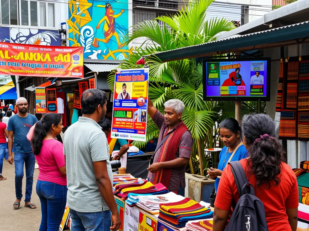 Lively marketplace showcasing Lanka Ad services with vendors and shoppers interacting amidst vibrant Sri Lankan culture.