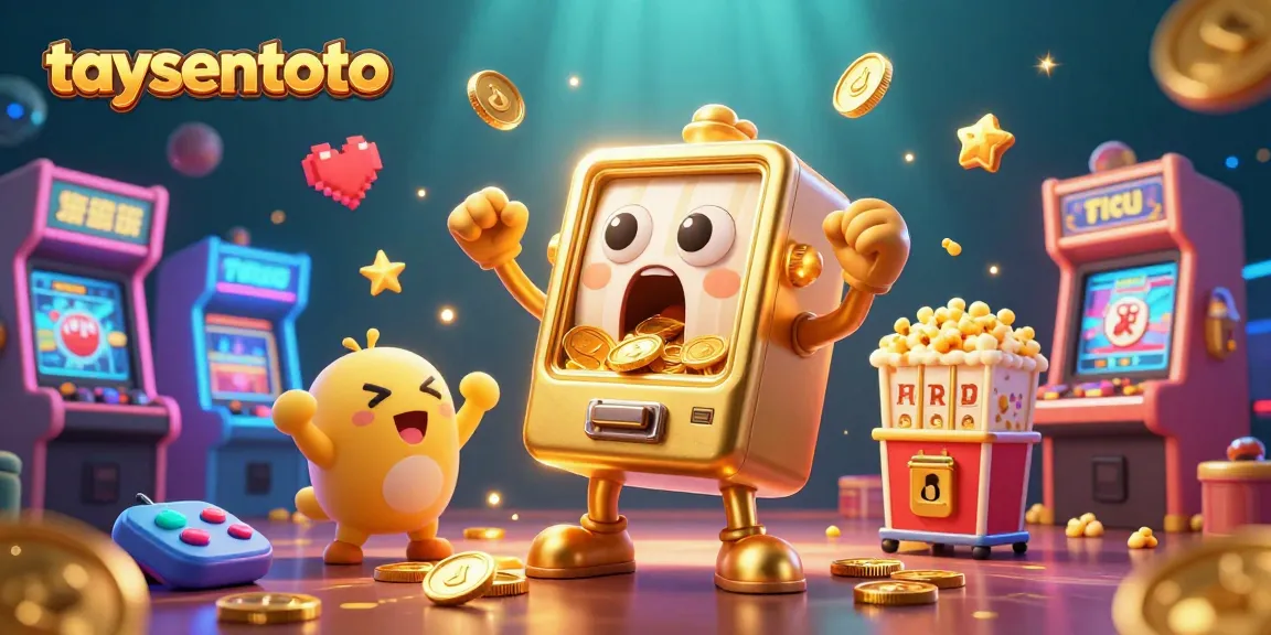 Taysentoto menghadirkan slot mesin emas kartun yang terkejut saat jackpot, dikelilingi mesin slot bayi dan elemen permainan menawan.