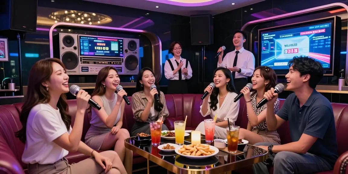 강남 가라오케에서 친구들과 함께 행복하게 노래하는 모습, 고급 음향과 화려한 조명으로 즐거운 분위기 연출