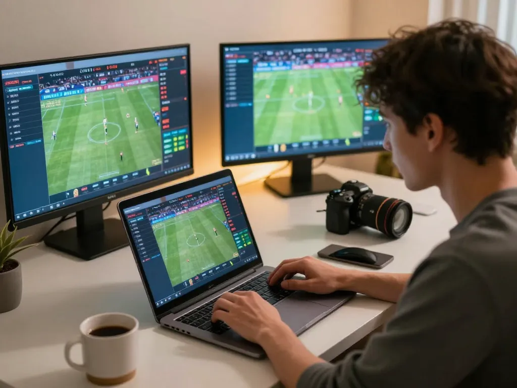 Engaged user placing bets on vaobet via laptop in a cozy home office setting