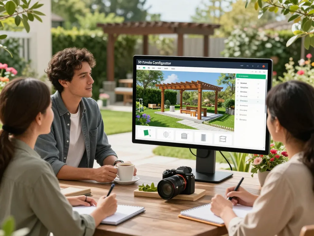 Interactive 3D Pergola Configurator in use, showcasing custom designs in a bright garden setting.