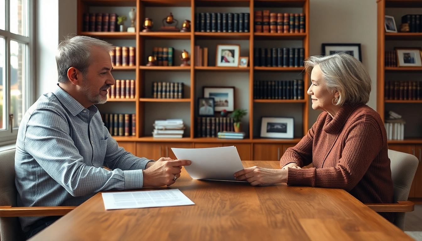 Engaged couple discussing Estate Planning with a professional consultant in a warm office setting.