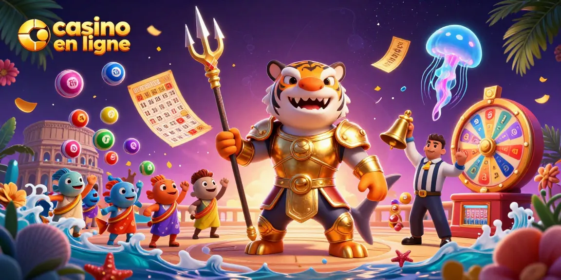 Découvrez le casino en ligne animé par un requin tigre en armure d'or, entouré de jeux et de lots.