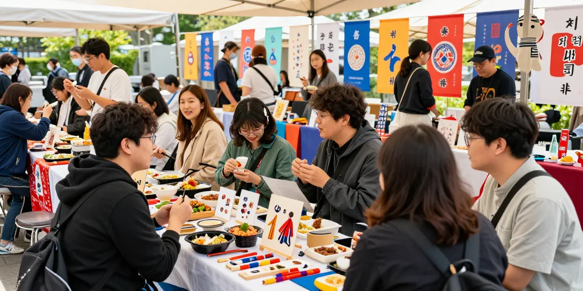 Vibrant community gathering focused on cultural exchange about Asia at https://hanadultalk.com, showcasing food, crafts, and joyful interactions.