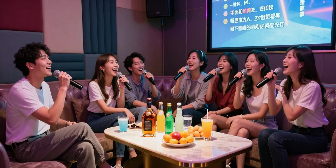 강남 엘리트 가라오케에서 친구들과 함께 노래를 즐기는 모습과 세련된 프라이빗 룸 배경.