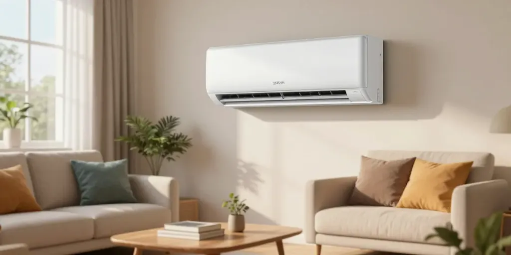 Stylish living room featuring a 12000 btu mini split air conditioning unit, comfortable furniture, and natural lighting.