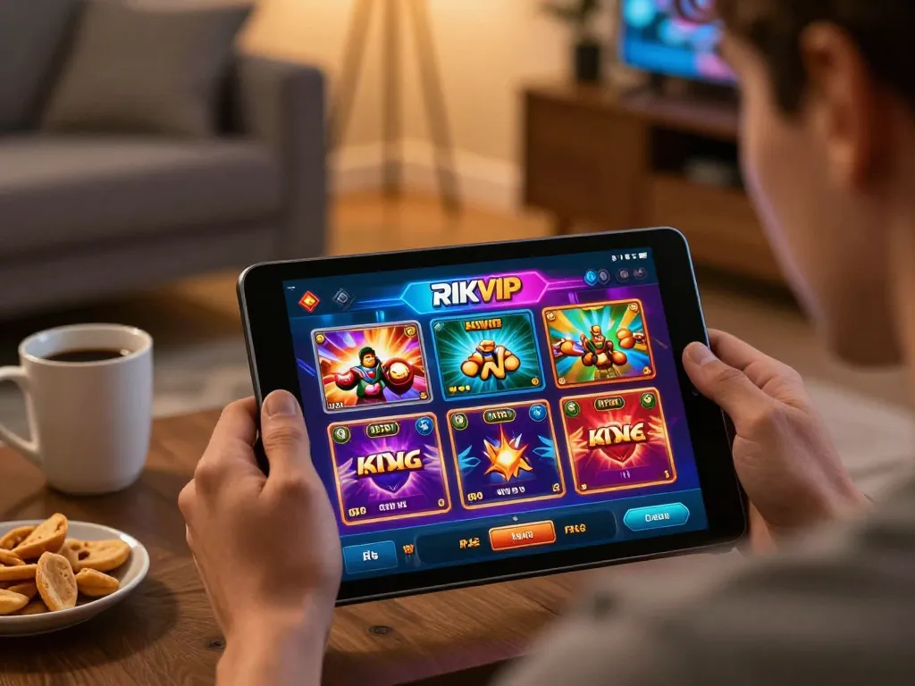 Excited player engaging with RIKVIP casino app on tablet, showcasing vibrant game options.