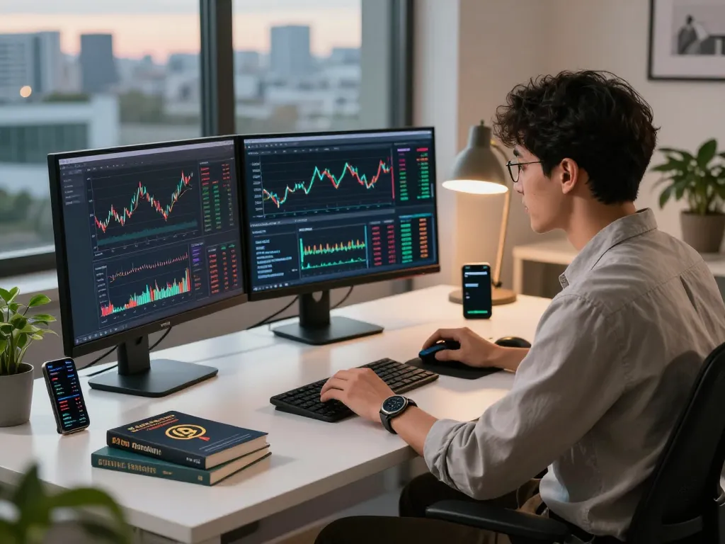 Person analyzing data in a modern office for a crypto earning platform, showcasing charts and gadgets to emphasize cryptocurrency trends.