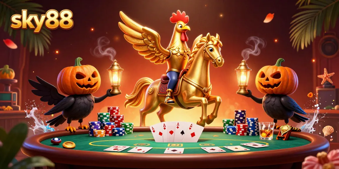 Experience thrilling gaming at sky88 with a whimsical golden rooster amidst poker elements.