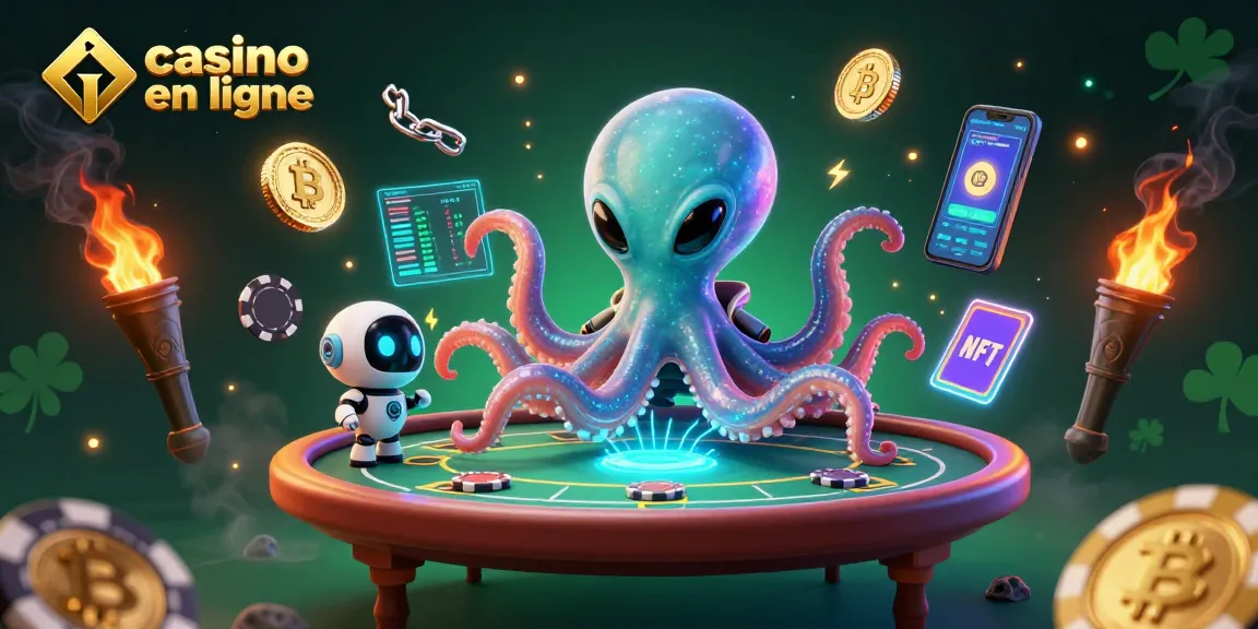Jeux de casino en ligne avec un poulpe extraterrestre et un robot, ambiance futuriste.