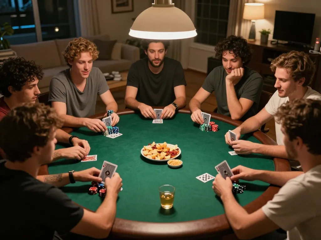 O8 players enjoying a home poker night, showcasing strategic gameplay and friendly competition.