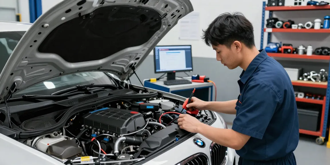 Chiptuning Hannover: Professioneller Mechaniker prüft BMW-Motor in Werkstatt.