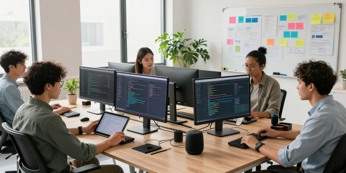 Developers collaborating at telegramin-cn.com workspace with monitors and creative tools in a bright office.