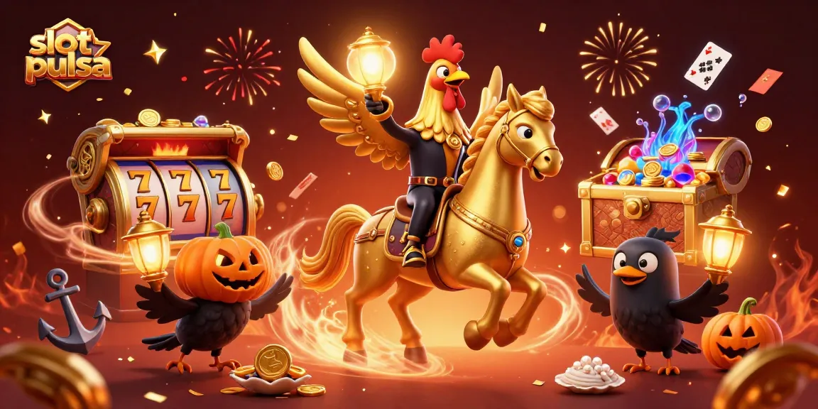 Slot pulsa menampilkan ayam jantan emas berkendara di kasino malam dengan harta berkilau menyebar di sekitarnya.