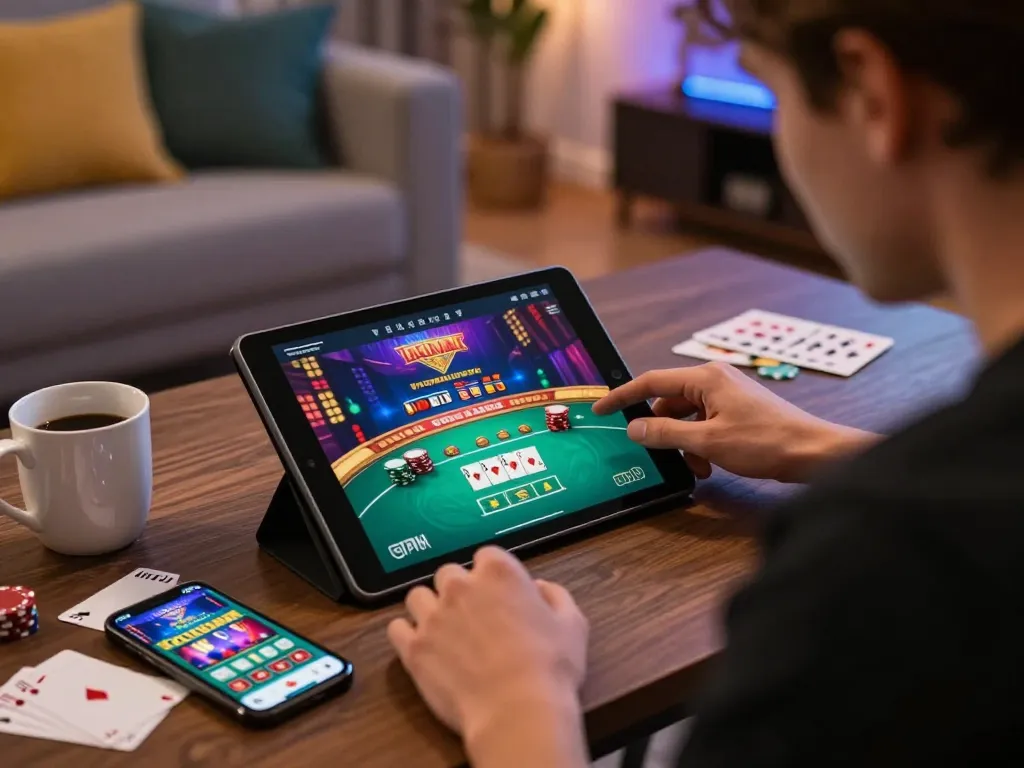 Engaged player using kp88 online casino app for poker strategy at home.