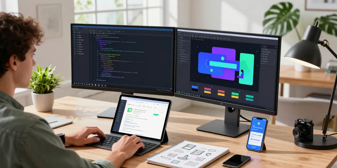 Developer focusing on Advanced Android animations and MotionLayout in a modern workspace, showcasing dynamic coding and UI design.