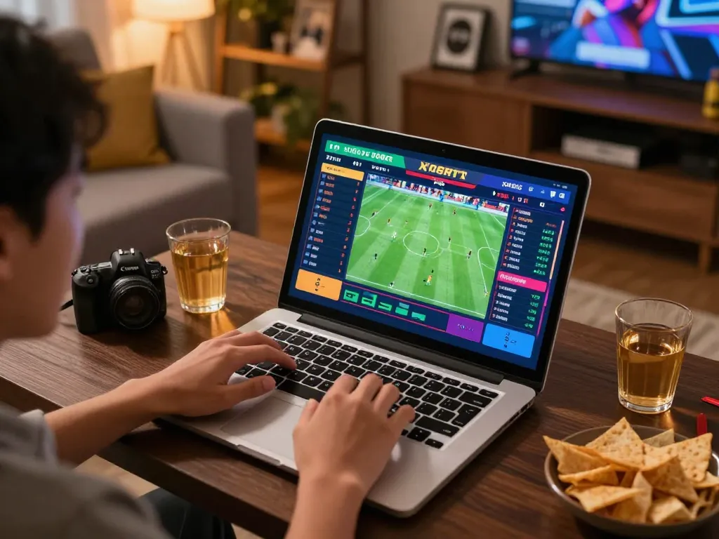 Xoilac sports betting interface being used enthusiastically by a player in a cozy living room.