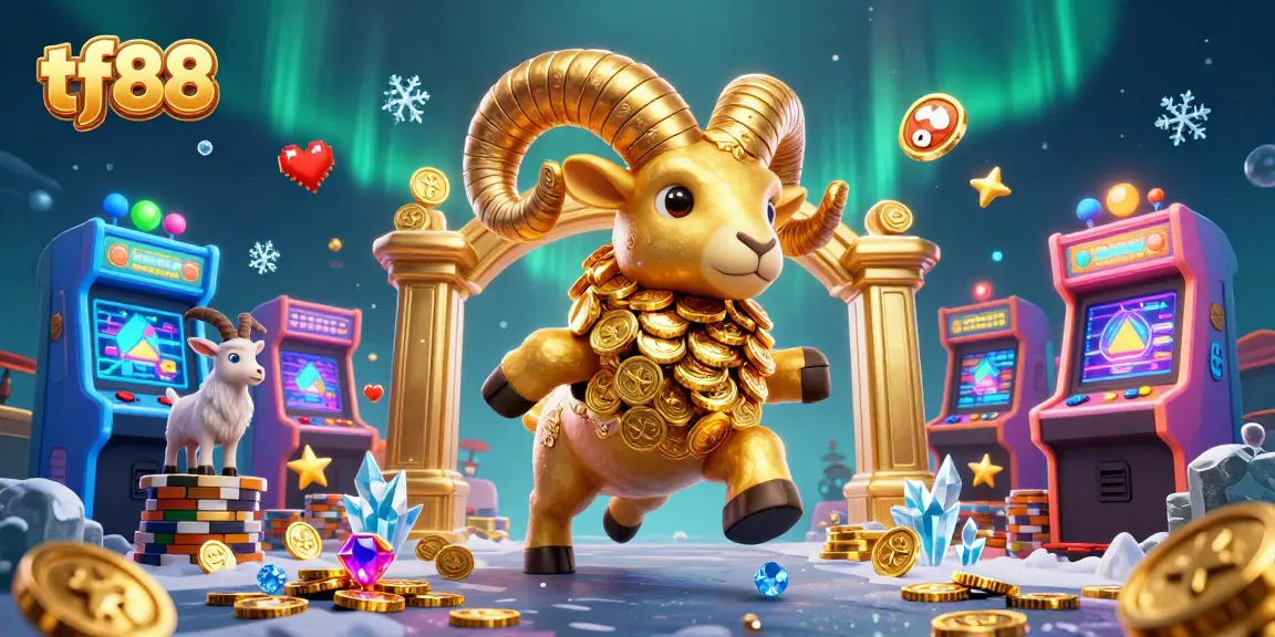 Experience thrilling gameplay with tf88’s golden ram, surrounded by vibrant arcade elements.