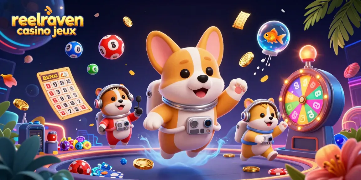 Jouez à reelraven casino jeux avec une illustration dynamique de personnages d'astronautes et de jeux de casino.