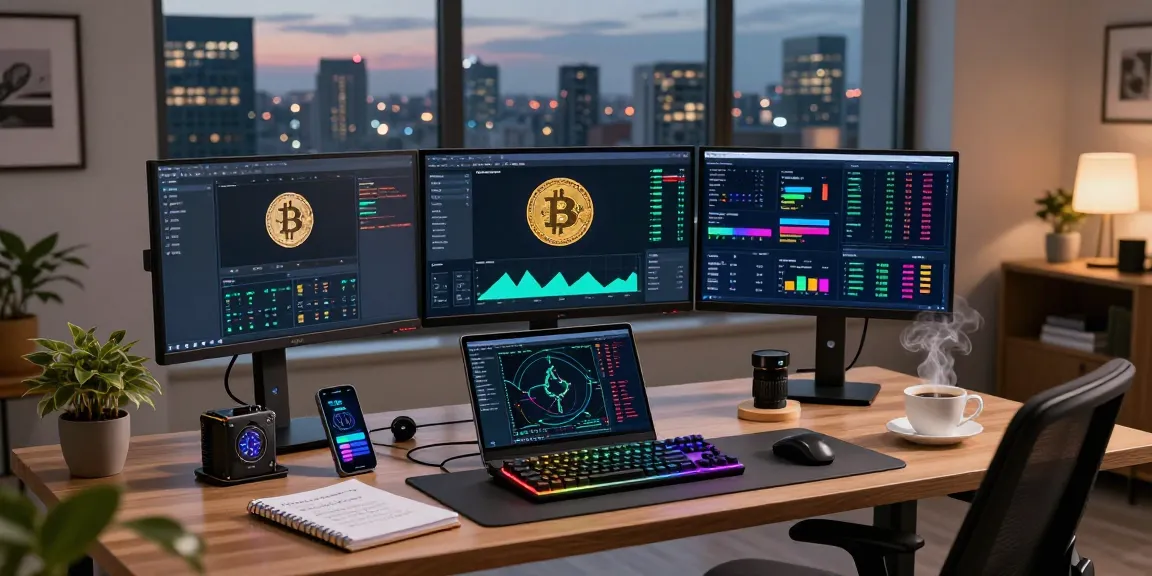crypto mining platform workspace showing multiple screens and mining statistics, Bitcoin, and Ethereum analysis tools