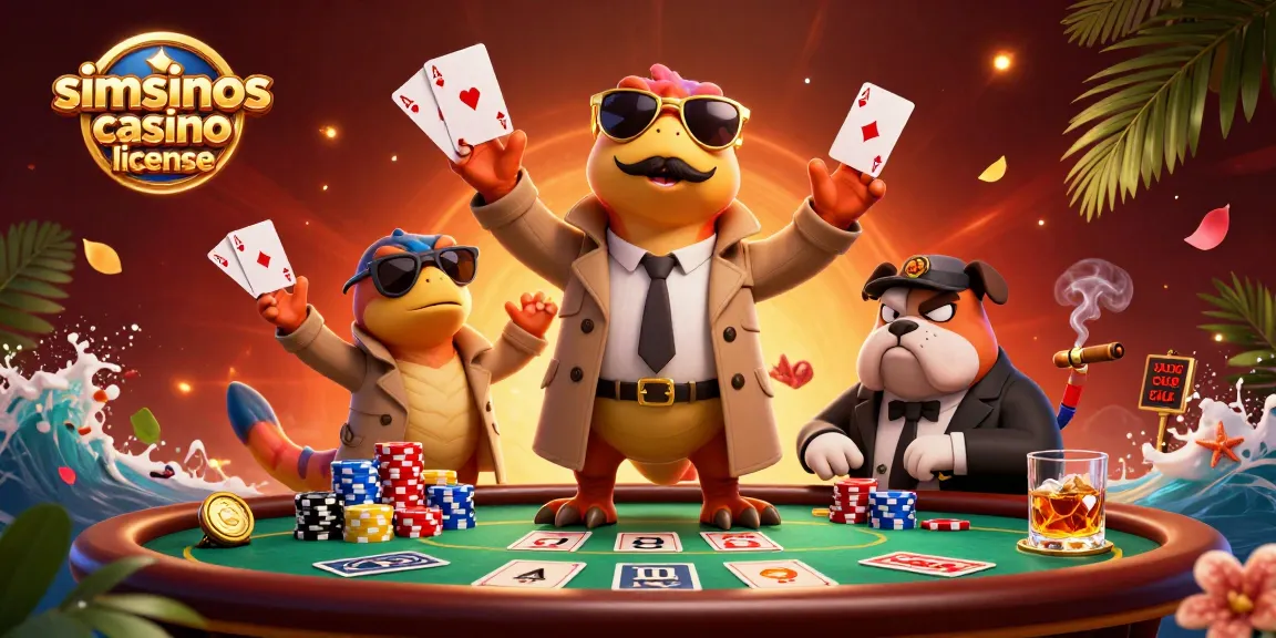 Illustration dynamique du Simsinos casino licence avec des raptors joueurs à une table de poker.