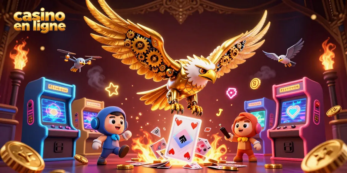 Plongez dans l'univers du casino en ligne avec un aigle cybernétique doré et des cartes holographiques.