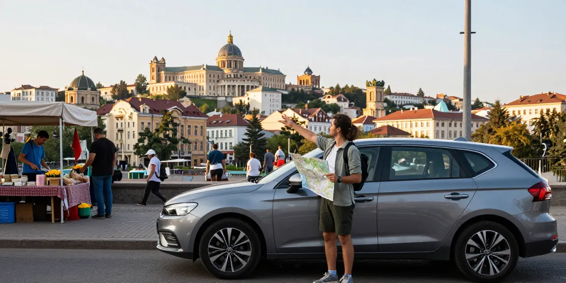 Traveler exploring Chișinău in a rental car, showcasing vibrant city landmarks and adventure spirit.