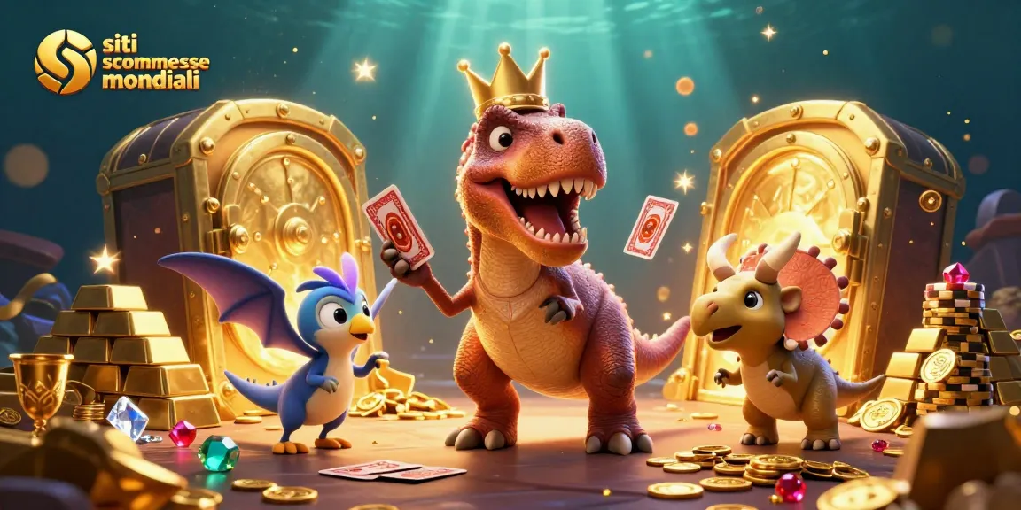 Scommetti sui siti scommesse mondiali mentre un T-Rex con una corona gioca con le carte e altri dinosauri impilano fiches d'oro.
