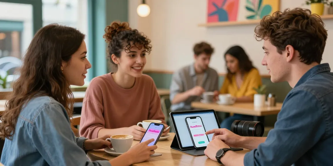 Singles connecting over coffee while using the HundRoses dating app in a cozy café setting.
