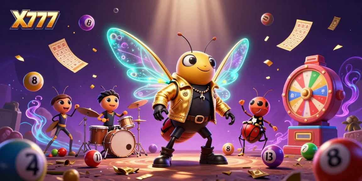 X777 features a lively 3D casino scene with a cicada rock star and colorful lottery elements showcasing exciting gaming action.