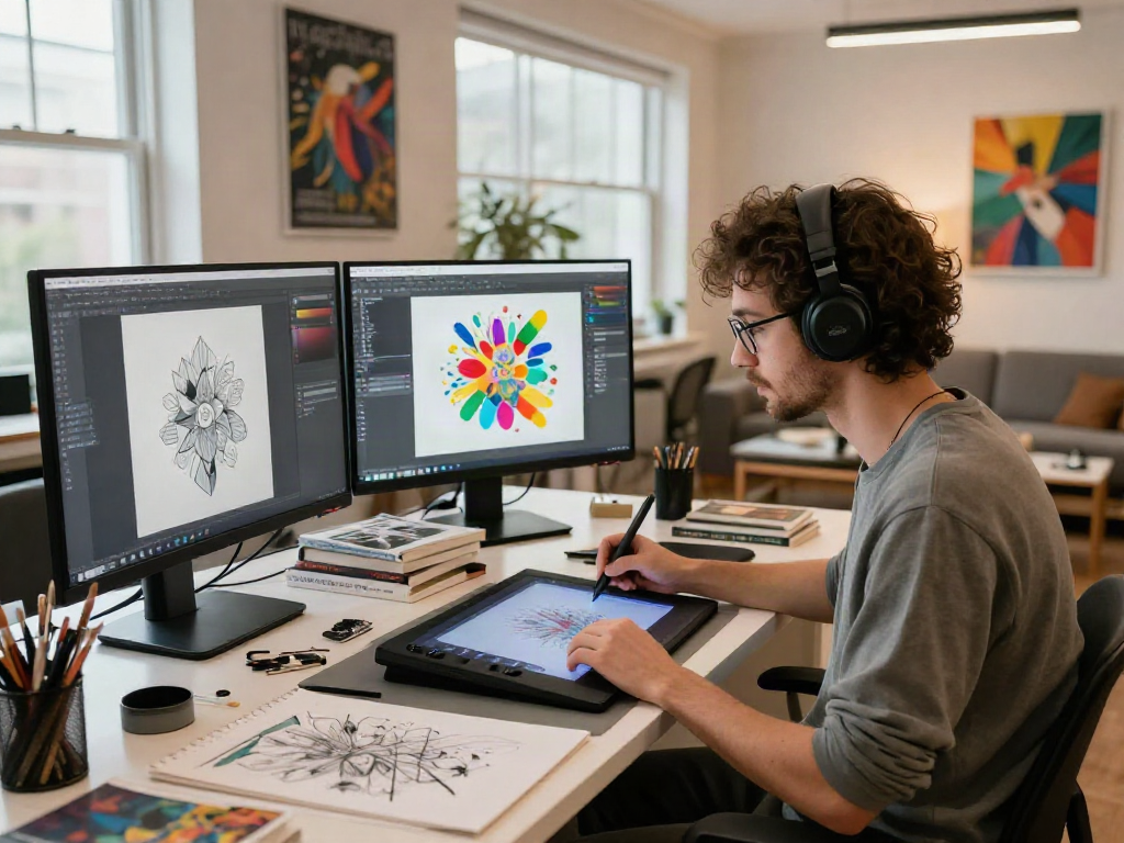 Creative artist generating 18+ ai art in a bright studio