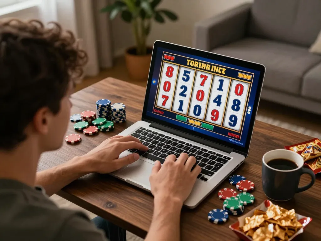 Player engaging in thrilling online slot gaming with 78win, surrounded by relaxing home comforts and strategic gameplay.